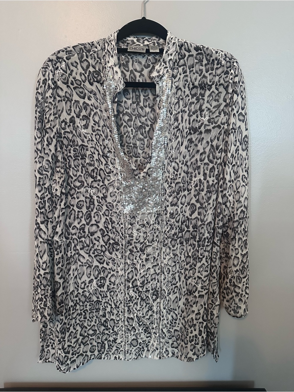 Chico's Black & Beige Leopard Sequin-Trim V-Neck Tunic
